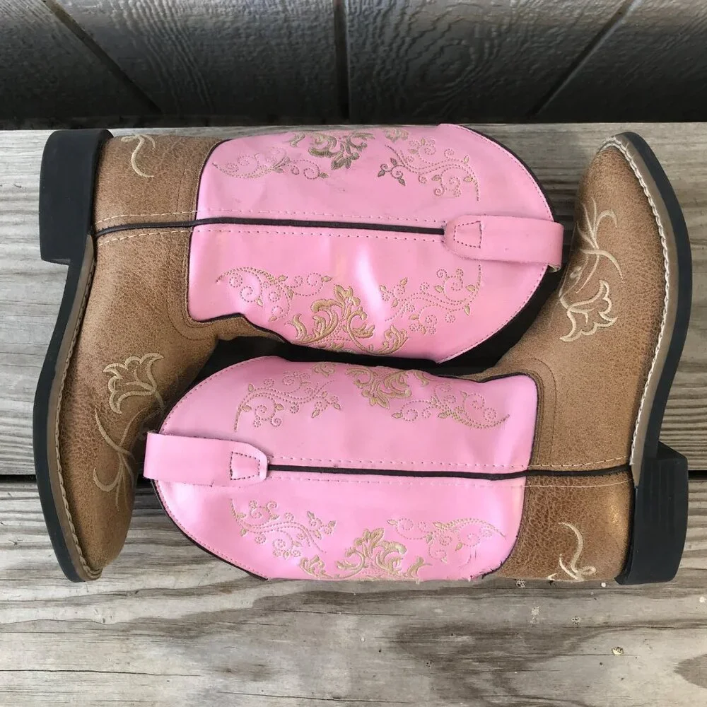 Old West Girls Kid Tan Leather and Pink Western Boots 3.0 D